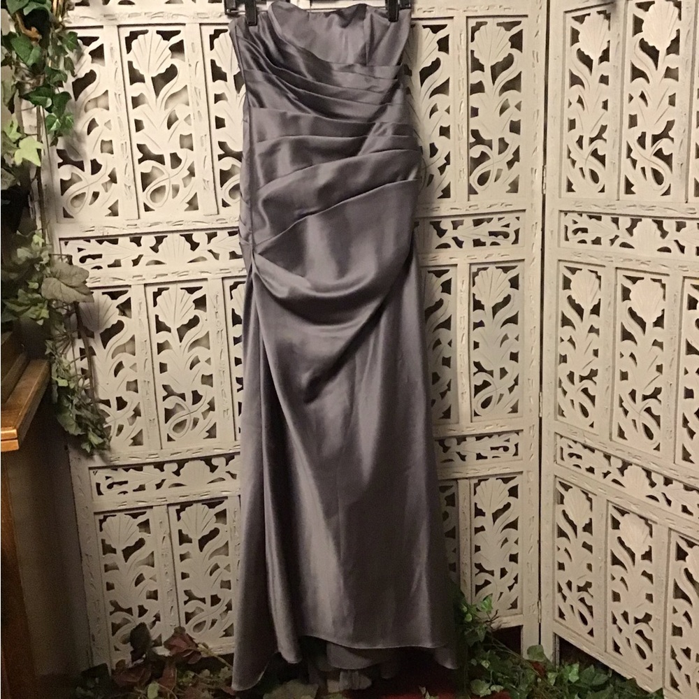 DAVIDS BRIDAL BEAUTIFUL PLATINUM SILVER STRAPLESS LONG FORMAL PROM DRESS GOWN - Picture 4 of 11